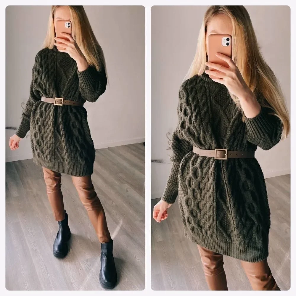 Mango Cable Knit Chunky Dress Braids Oversized Turtleneck Khaki - Picture 5 of 7